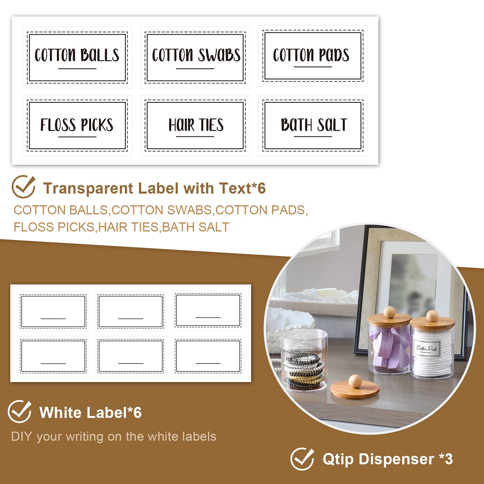 3 Pack Qtip Holder Dispenser with Bamboo Lids - 10 oz Clear Plastic Apothecary Jar Containers for Vanity Makeup Organizer Storage - Bathroom Accessories Set for Cotton Swab  Ball  Pads  Floss